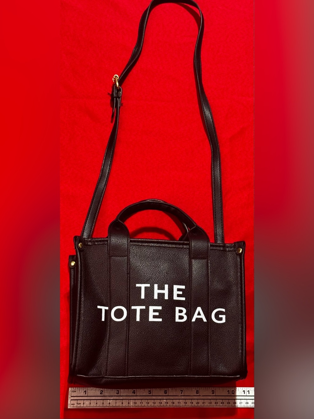 Source Unknown Black Crossbody Tote with White "THE TOTE BAG" Print